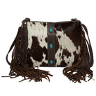 The Design Edge Handbags & Wallets Dark Brown Cowhide Clutch with Turquoise Stonework & Fringes