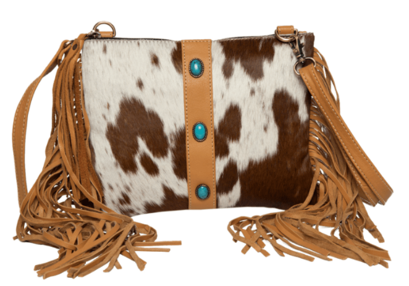 The Design Edge Handbags & Wallets Tan Cowhide Clutch with Turquoise Stonework & Fringes