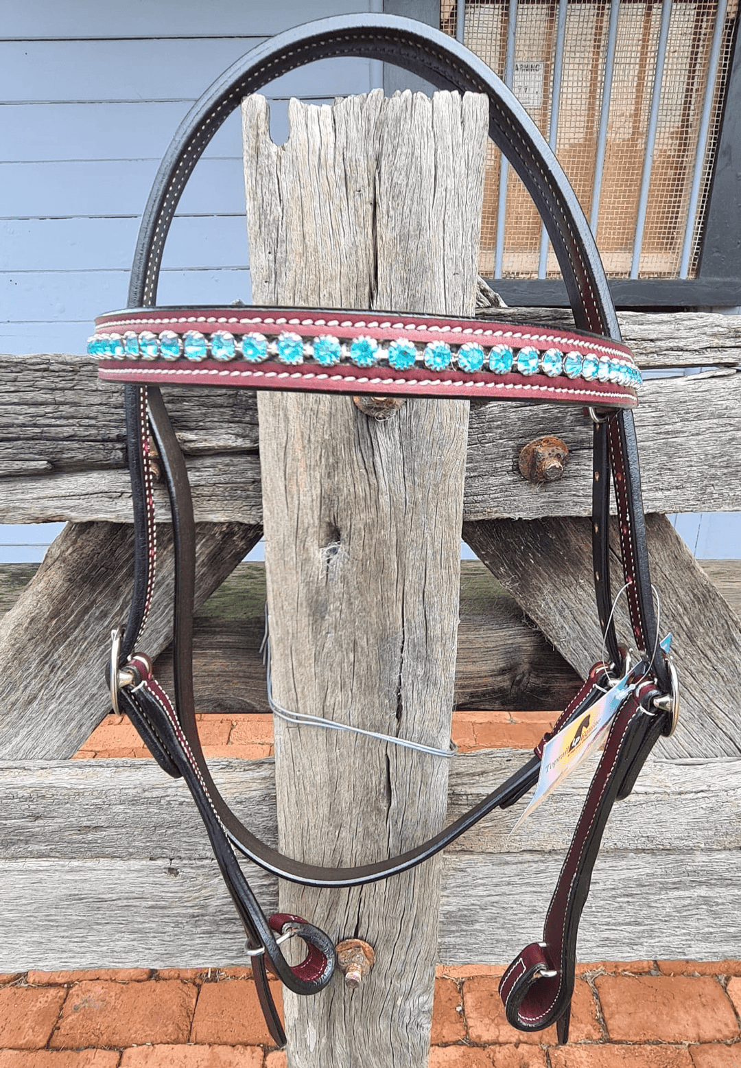 Top Rail Equine Bridles Cob-Full / Havana Brown Top Rail Leather Bridle with Turquoise Beading
