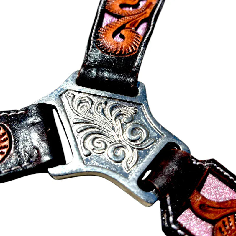 Toprail Equine Breastplates - Martingales Cob/Full Toprail Equine Breast Collar Two-Toned with Pink Glitter Inlay