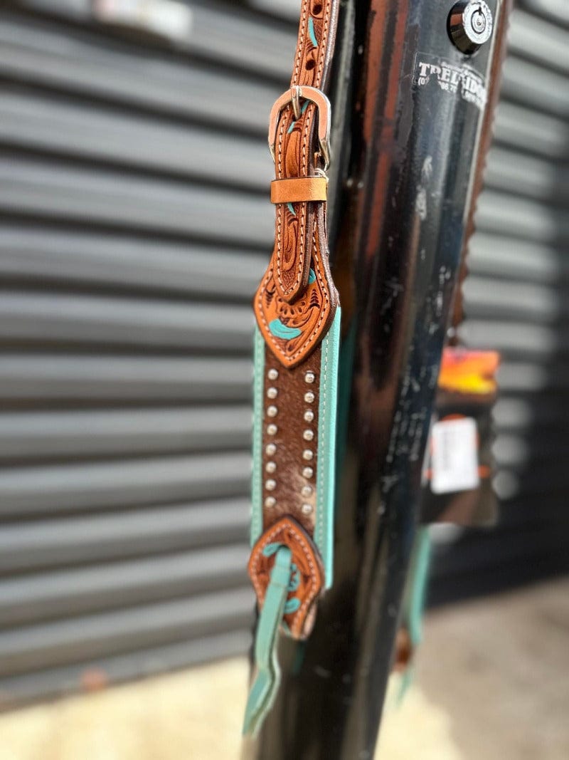 Toprail Equine Bridles Cob/Full Toprail Equine Bridle One Ear Turquoise/Hair on Tooled