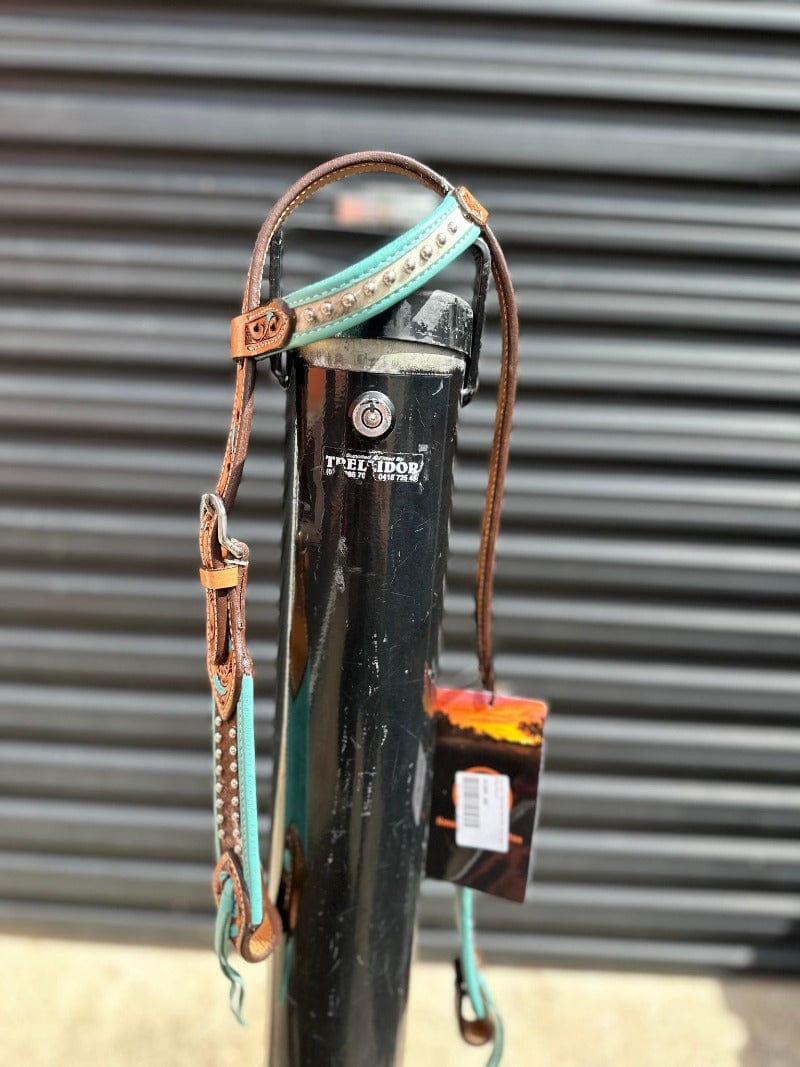 Toprail Equine Bridles Cob/Full Toprail Equine Bridle One Ear Turquoise/Hair on Tooled