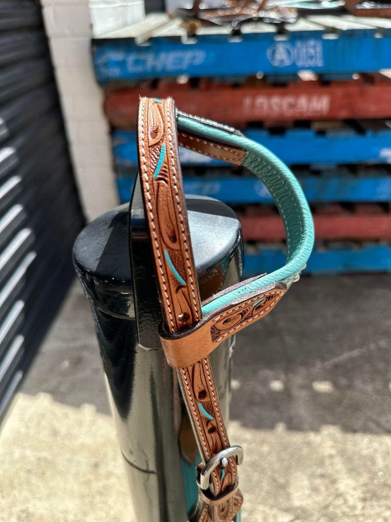 Toprail Equine Bridles Cob/Full Toprail Equine Bridle One Ear Turquoise/Hair on Tooled