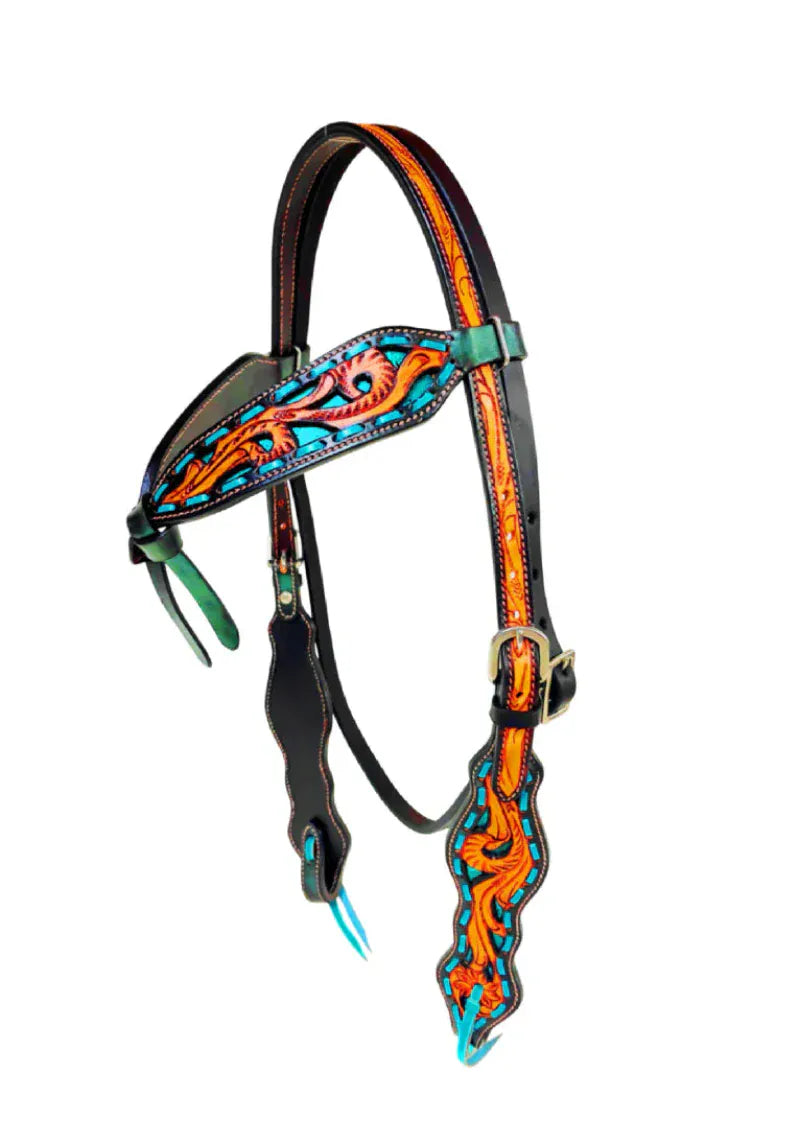 Toprail Equine Bridles Cob/Full Toprail Equine Bridle Two Toned Buckstitched with Turquoise Inlay