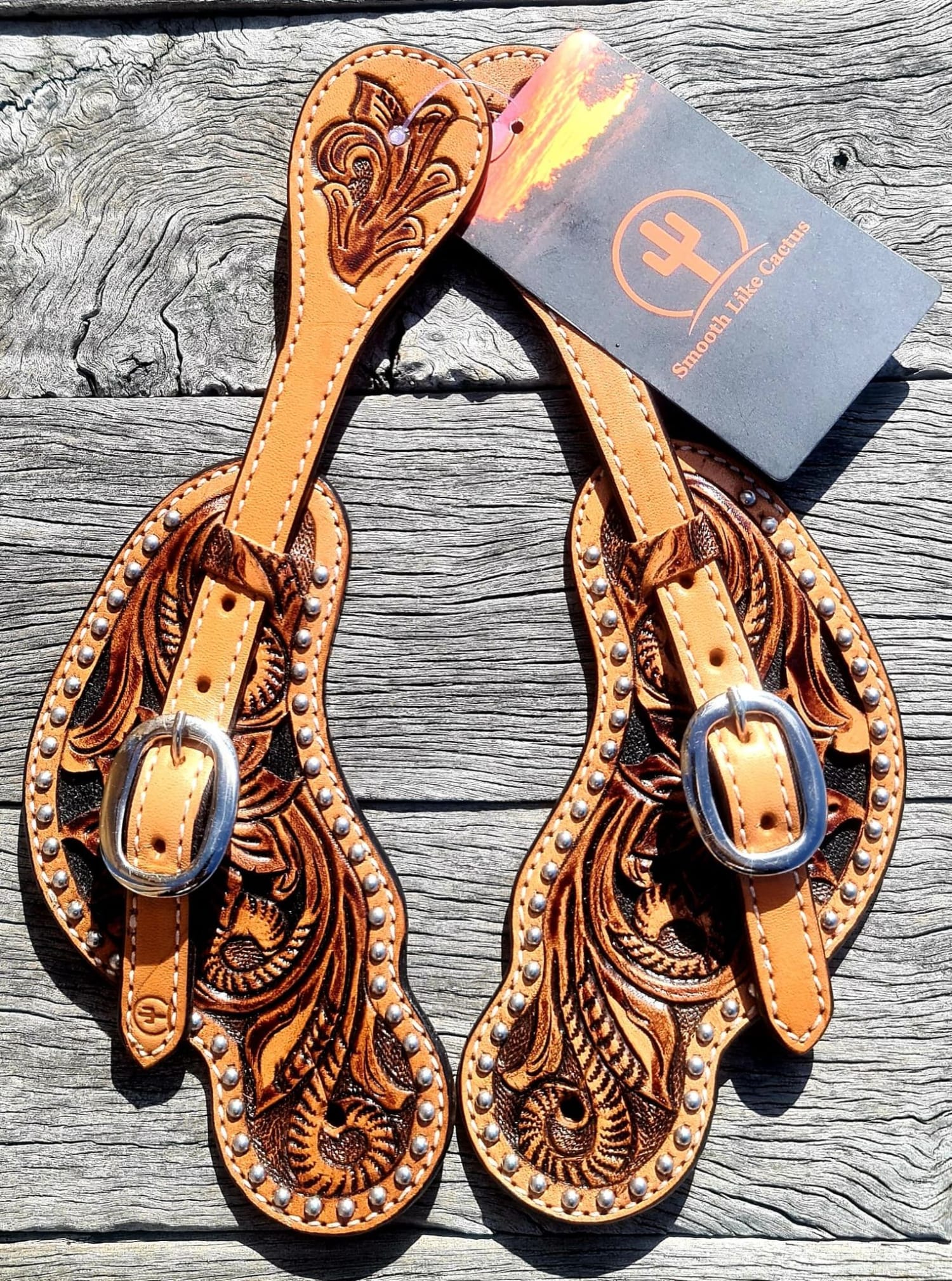 Toprail Equine Spur Straps Mens Toprail Equine Spur Straps Carved with Silver Studs