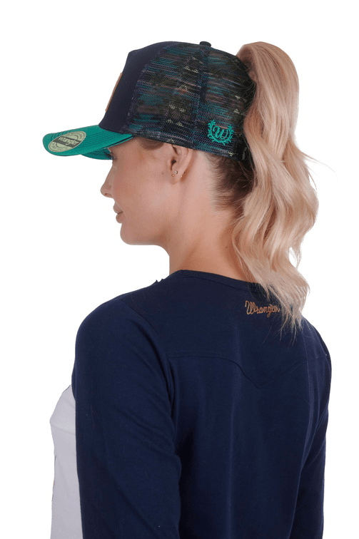 Wrangler Caps Navy/Teal Wrangler Cap Zoe HP Trucker Ponytail Style