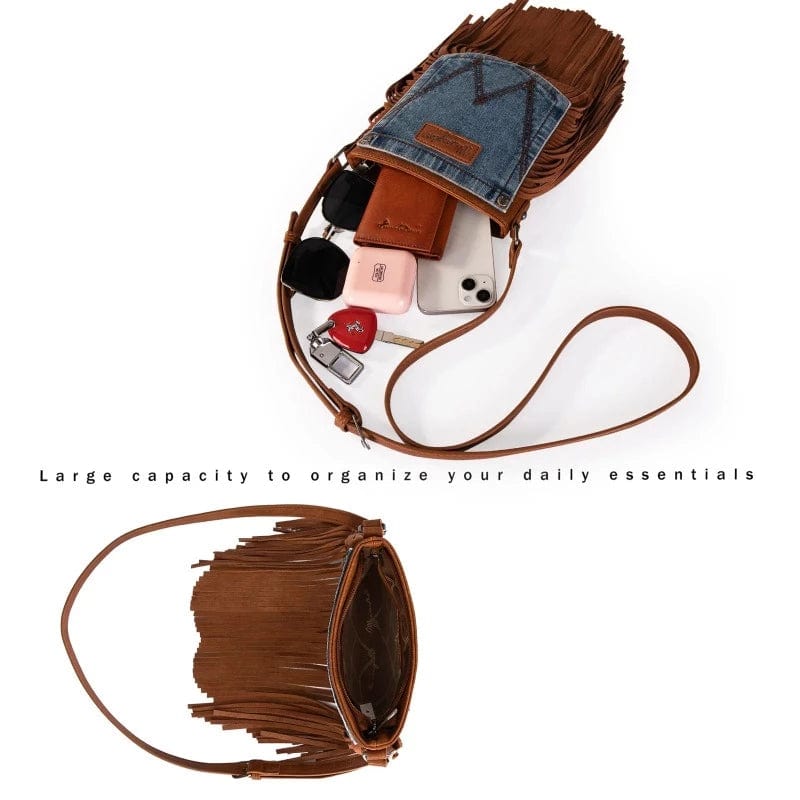 Wrangler Handbags & Wallets Brown Wrangler Crossbody Bag Jean Pocket Leather Fringe (WG44-8360BR)