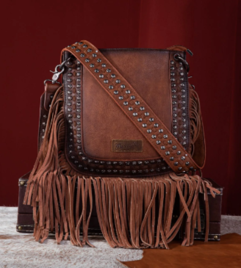 Wrangler Handbags & Wallets Brown Wrangler Rivet & Fringes Crossbody Handbag