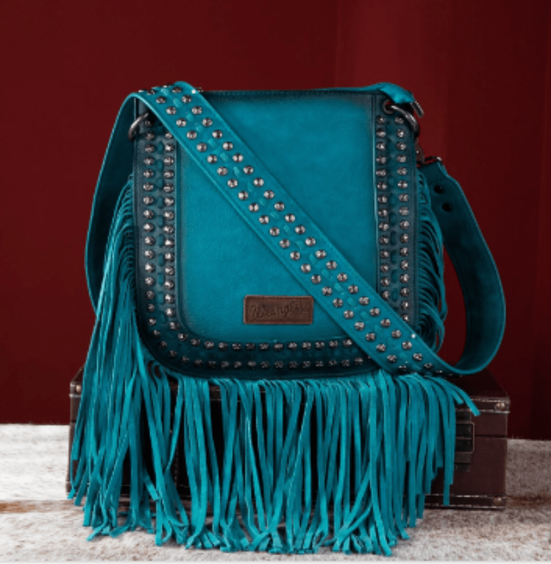 Wrangler Handbags & Wallets Turquoise Wrangler Rivet & Fringes Crossbody Handbag