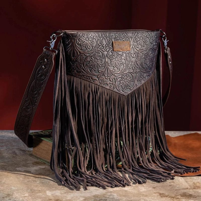Wrangler Handbags & Wallets Wrangler Vintage Floral Embossed Fringe Crossbody Bag Coffee