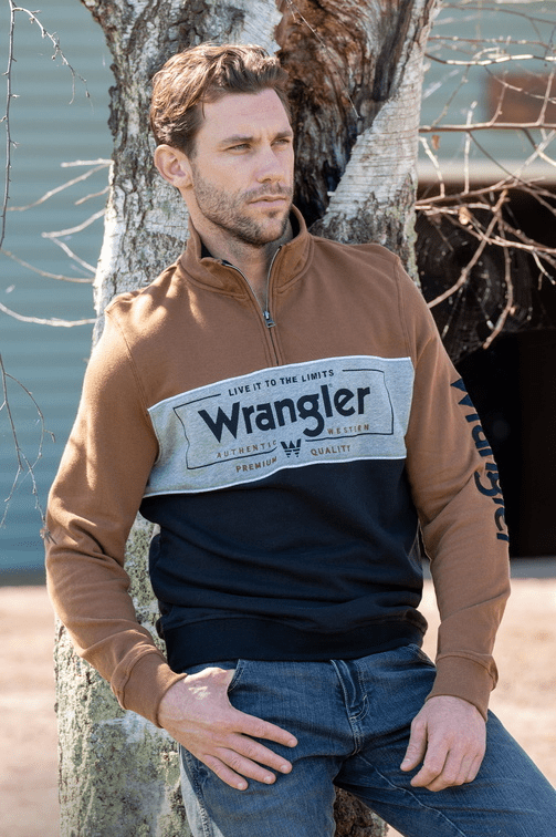 Wrangler Mens Jumpers, Jackets & Vests S / Black/Dark Tan Wrangler Jumper Mens Bartlett 1/4 Zip