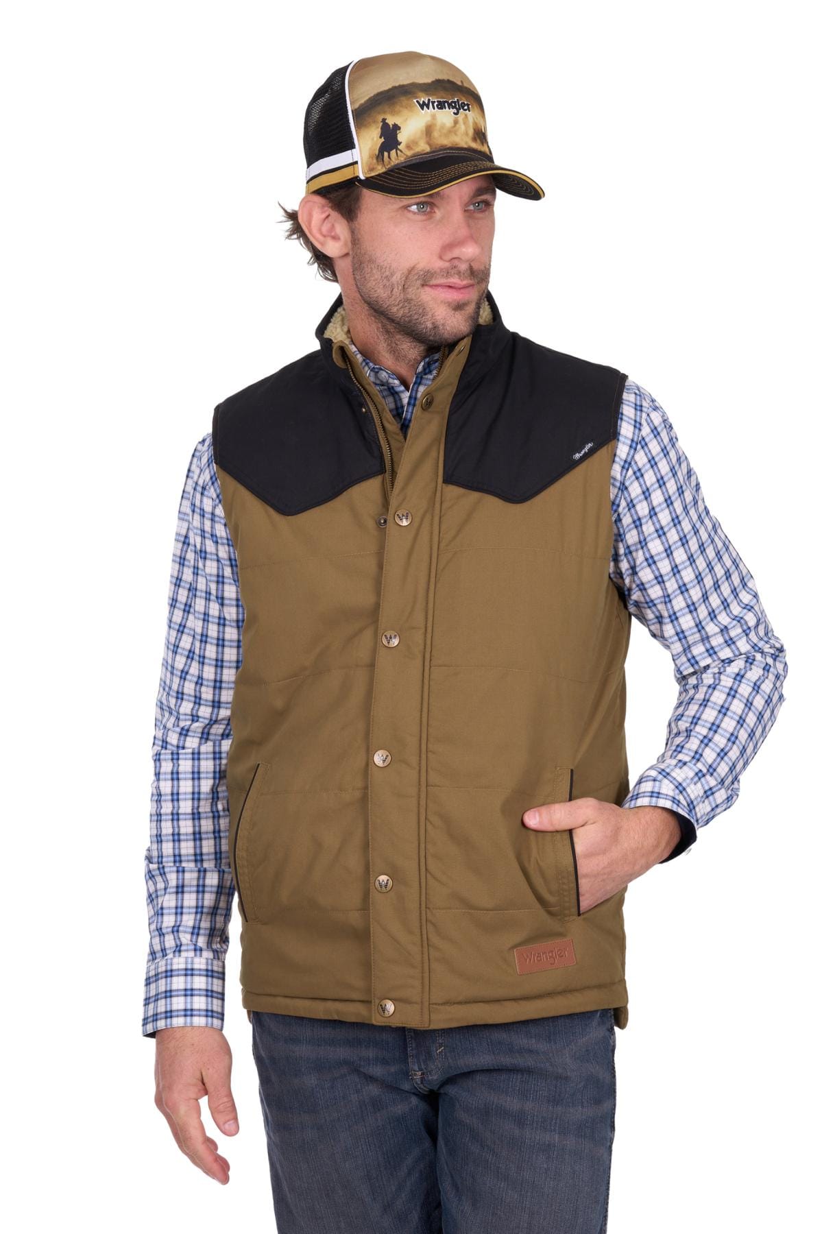 Wrangler Mens Jumpers- Jackets - Vests S / Dark Tan/Black Wrangler Vest Mens Ruben