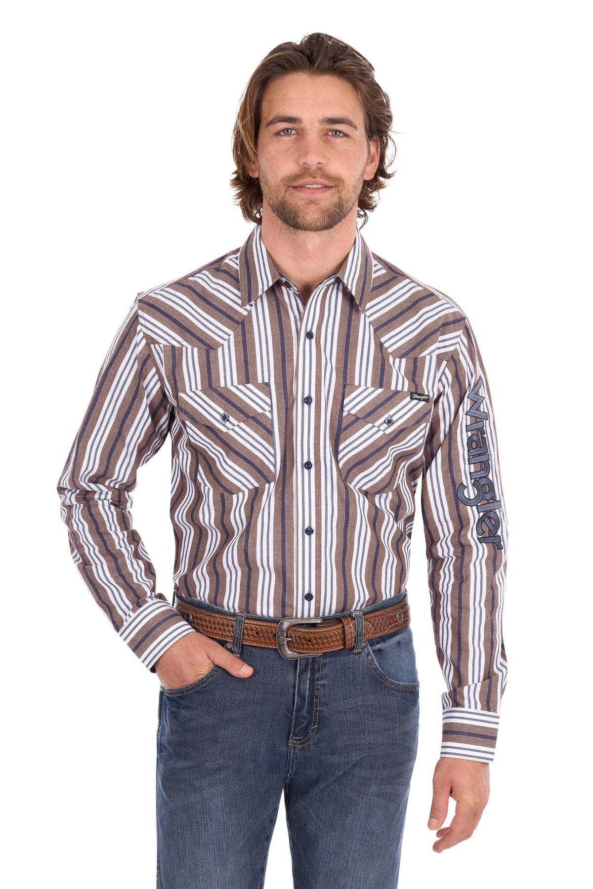 Wrangler Mens Shirts S / Denim/Tan Wrangler Shirt Mens Eli Logo