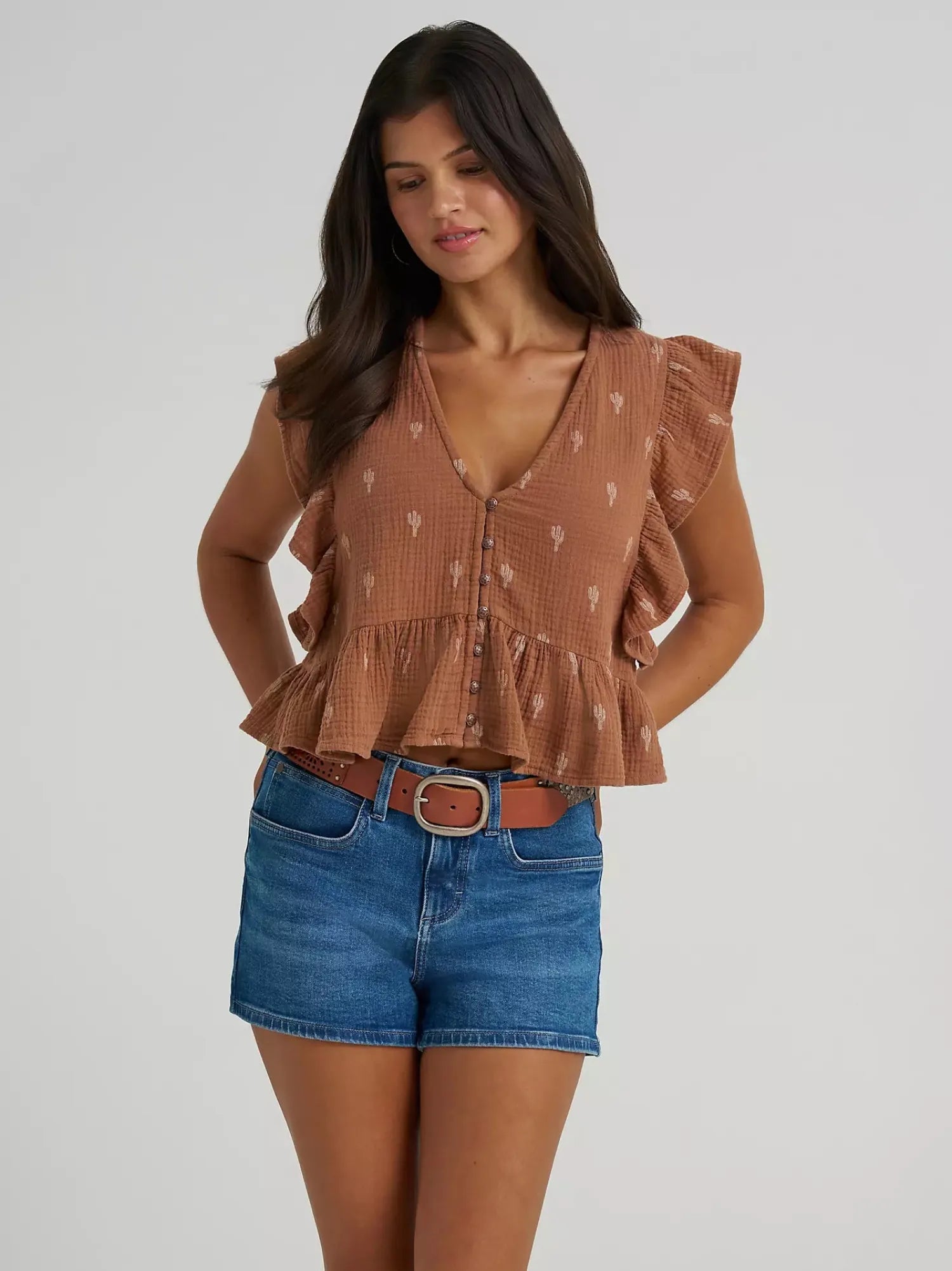 Wrangler Womens Shirts S / Brown Wrangler Top Womens Flutter Sleeveless