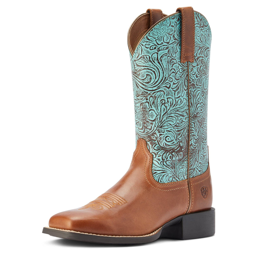Ariat Womens Boots & Shoes WMN 6 Ariat Boots Womens Round Up Wide Square Toe Beduino Brown/ Turquoise Floral Emboss (10042534)