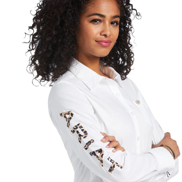 Ariat Womens Shirts Ariat Shirt Womens Kirby Stretch White/Leopard Logo (10039457)
