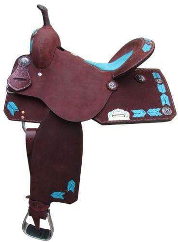 Circle S Saddles 16in Circle S Barrel Saddle Dark Brown Roughout with Turquoise Leather arrow Trim Full QH Bars
