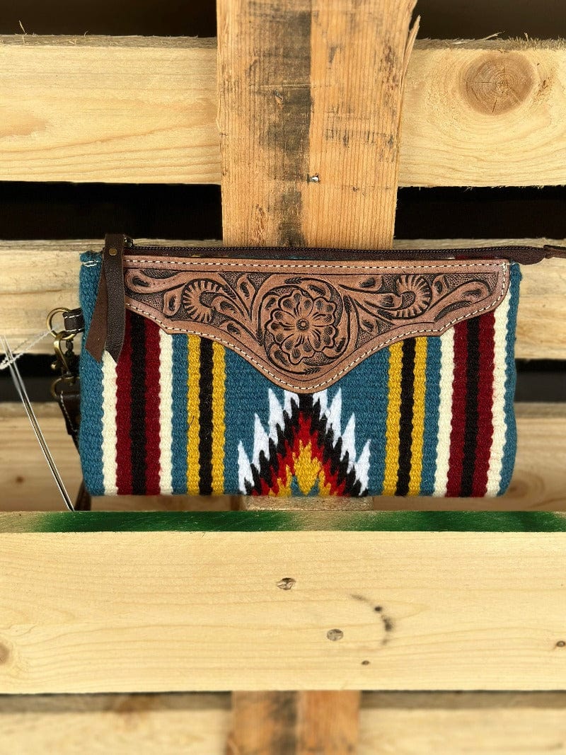 The Design Edge Handbags & Wallets Brown Multi Navajo Clutch with Tooled Leather (TSB41F)