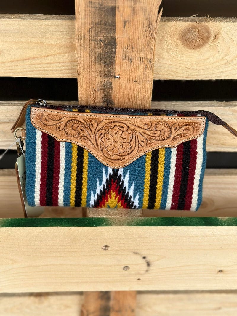 The Design Edge Handbags & Wallets Tan Multi Navajo Clutch with Tooled Leather (TSB41F)