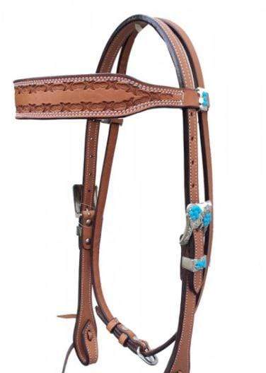 Top Rail Equine Bridles Cob/Full Toprail Embossed Barbed Wire Browband Bridle w/ Turquoise Conchos